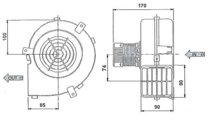 VC134 centrifugal fan's dimensions